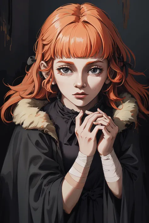 portrait, ((masterpiece, best quality)), ultra detailed, Ultra-precise depiction, Ultra-detailed depiction, 4k, 8k,  <lora:Fear_and_hunger1:0.8> funger, small girl, close up, long orange hair by neck, straight bangs, dark dungeon, oversized black robe, bandage on arms, horror art, dread, creepy,  hands together,