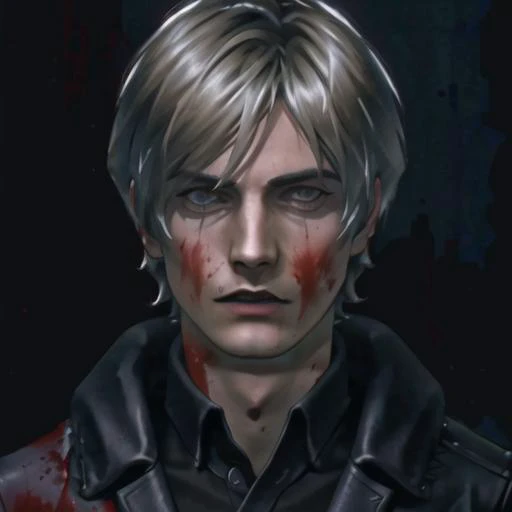 dark scene, 1boy, portrait of re4leon, wearing fur-trimmed jacket, scared, (blood on face), rim light, athletic, volumetric lighting, best quality, masterpiece, solo, intricate details, tonemapping, sharp focus, hyper detailed, trending on Artstation, looking at viewer, 