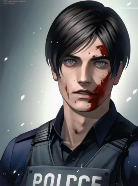 a man with a police uniform and blood on his face