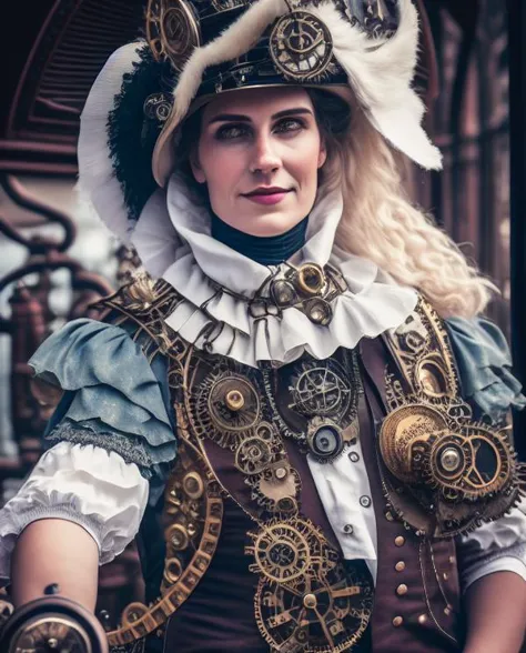 a close up of a woman wearing a fancy hat and costume