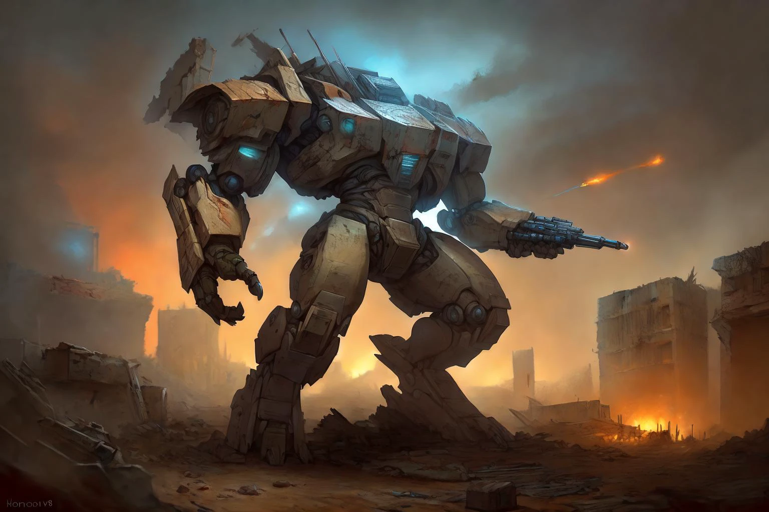 uploaded on e621, by honovy, by Frank Frazetta, HDR, masterpiece, (rugged combat mech on patrol) strobe lights, combat, (((ruined city landscape, ruined buildings, rubble, street, anti-air gunfire in the background, at night))), EyeDetail, detailed background, highly detailed, intricate, mecha28 brutaltech,