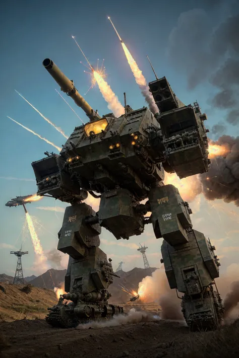 mecha28, armored plating, mounted machine-gun, radar antenna, missile pod, mortar tubes, missile launchers, main turret cannon, cockpit windows, turbine engine, camouflaged, running over a battlefield with a trench line, barb wire, cinematic lighting, 
 <l...