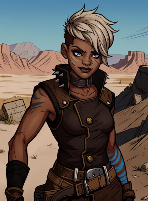 a cartoon of a woman in a desert with a gun