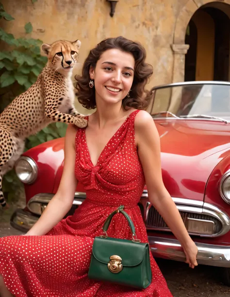 In a whimsical, vintage scene, the radiant Eleonora, draped in a crimson polka dot dress that twinkled like the stars above, poses playfully against an aged automobile, her hand casually resting on a lush cheetah print purse as she flashes a captivating smile, her spirit as bright and vivacious as the classic car that served as her backdrop. <lora:tnrqis18fcaf41be9m9c:1>