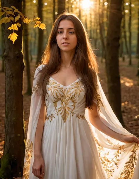 a woman in a white dress standing in a forest with a white cape