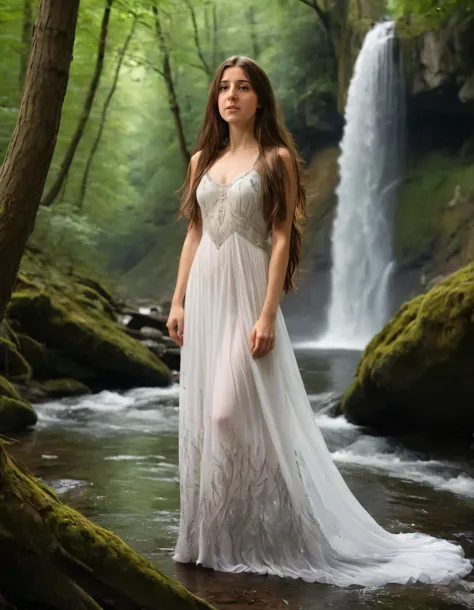 In the heart of an enchanted forest, where cascading waterfalls and towering trees reign, Eleonora stands alone, her long brown hair flowing like a river down her back. Her eyes, as deep as the forest itself, gaze upon the beauty before her with a sense of wonder, while she stretches out her arms, adorned in a flowing white gown embroidered with silver moonstones, as if to embrace the ethereal landscape that surrounds her. <lora:tnrqis18fcaf41be9m9c:1>