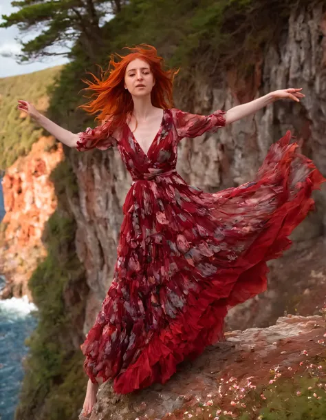 arafed woman in a red dress standing on a cliff overlooking the ocean