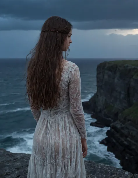 a woman standing on a cliff looking out at the ocean