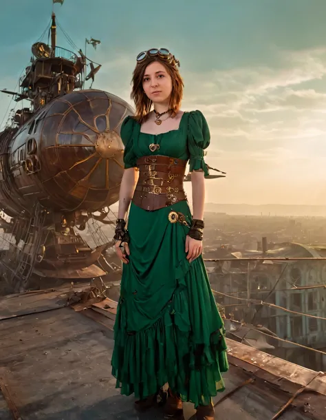 arafed woman in green dress standing on a roof with a steampunky ship in the background