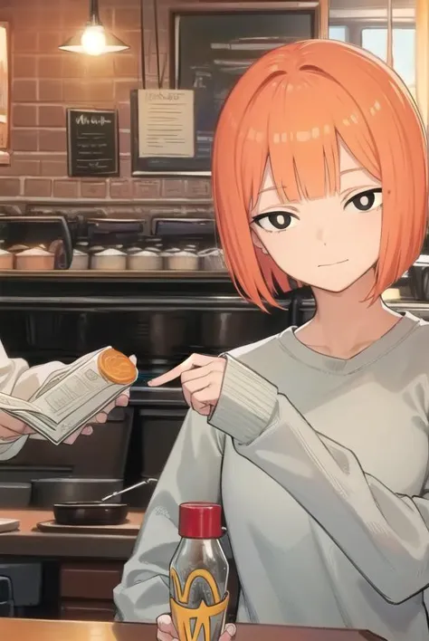 anime image of a woman holding a bottle of sauce and a man holding a sandwich