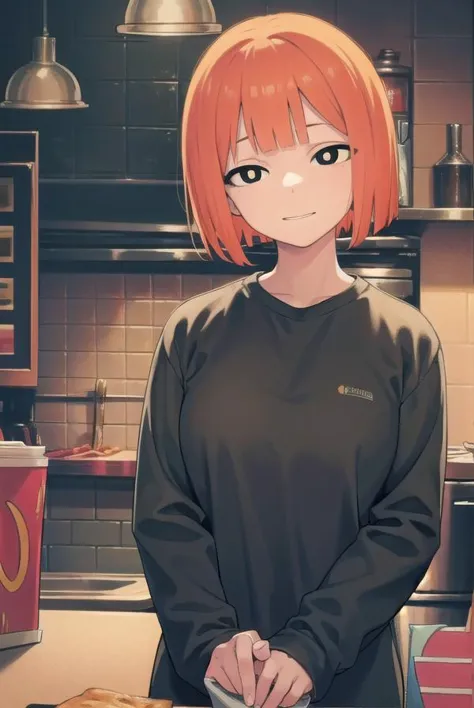 anime girl in a kitchen with a plate of food and a cup of coffee