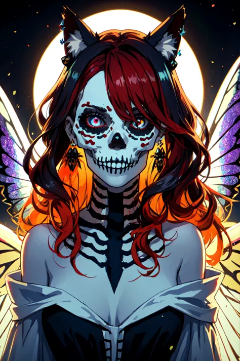 a close up of a woman with a skeleton face and wings