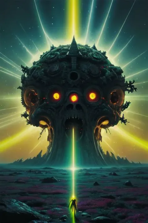 a man walking towards a giant alien head with glowing eyes