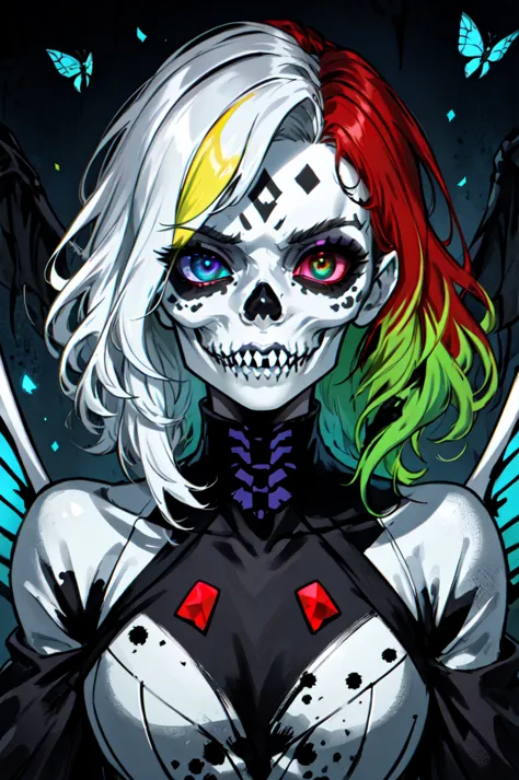 1girl, solo, flamboyant, detailed hair, detailed face, detailed eyes, official art,   PoodaBeepVibesV2 Demon_Calavera