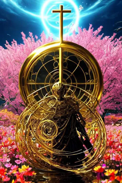 a golden clock with a cross on top of it in a field of flowers