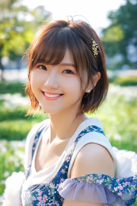 a close up of a woman with a flowered dress smiling