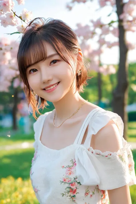 a close up of a woman in a white dress standing in a park