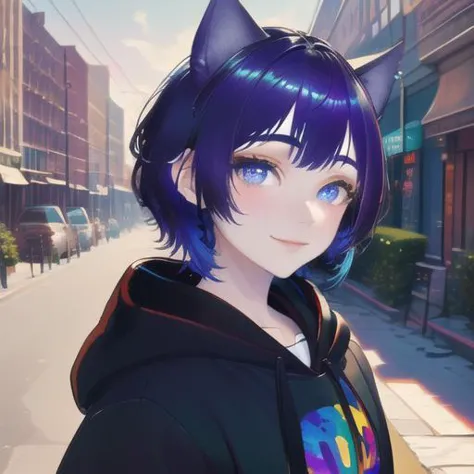 <lora:EarthandDuskVtuber:.7> (masterpiece, best quality, ultra-detailed, highres, absurdres), perfect face, sidelighting, lustrous skin,(bloom), (shine), lighting, ray tracing, sci-fi, solo, 1boy, animal ears, male focus, cat ears, solo, vibrant violet eyes, smile, vibrant purple and blue hair, looking at viewer, hoodie, hood, virtual youtuber, cat boy, city, trees, sunset,  depth_of_field, very detailed background, highly detailed background, Masterpiece, Ultra detailed, great composition,extremely delicate and beautiful,(Highest picture quality), (Master's work),   depth of field, solo, extreme light and shadow, masterpiece, rich in detail, (fine features), (highest quality), (masterpiece), (detailed eyes), (beautiful) detailed,beautiful detailed eyes, cyberpunk:1, full body, (extremely detailed illustrated digital art 8k wallpaper),(masterpiece), (best quality), (ultra-detailed), (best illustration),(best shadow),perfect lighting , perfect anatomy , vivid colors,