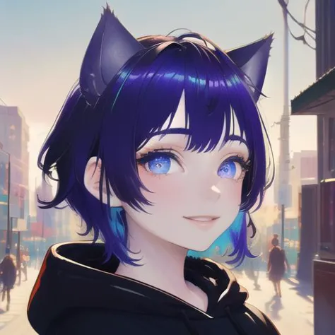 a close up of a person with blue eyes and a cat ear