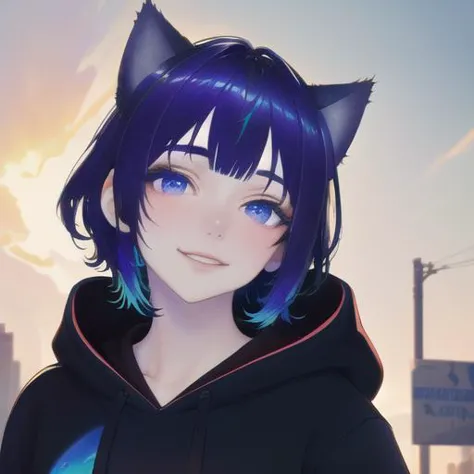 <lora:EarthandDuskVtuber:.7> (masterpiece, best quality, ultra-detailed, highres, absurdres), perfect face, sidelighting, lustrous skin,(bloom), (shine), lighting, ray tracing, sci-fi, solo, 1boy, animal ears, male focus, cat ears, solo, vibrant violet eyes, smile, vibrant purple and blue hair, looking at viewer, hoodie, hood, virtual youtuber, cat boy, city, trees, sunset,  depth_of_field, very detailed background, highly detailed background, Masterpiece, Ultra detailed, great composition,extremely delicate and beautiful,(Highest picture quality), (Master's work),   depth of field, solo, extreme light and shadow, masterpiece, rich in detail, (fine features), (highest quality), (masterpiece), (detailed eyes), (beautiful) detailed,beautiful detailed eyes, cyberpunk:1, full body, (extremely detailed illustrated digital art 8k wallpaper),(masterpiece), (best quality), (ultra-detailed), (best illustration),(best shadow),perfect lighting , perfect anatomy , vivid colors,