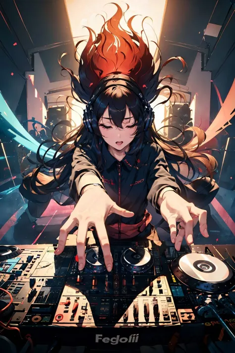 DJ, passionate,1girl, floating hair, passion, crazy, (masterpiece, best quality, high quality, highres, ultra-detailed),