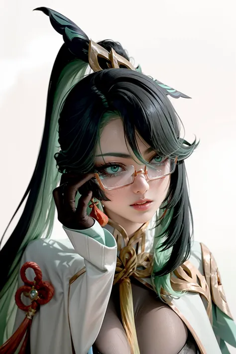 masterpiece, best quality, <lora:xianyun-v2:1>,1girl, glasses, solo, green eyes, hair ornament, gloves, earrings, black hair, je...