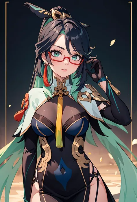 (masterpiece, best quality), 1girl, <lora:xianyun:0.8> 1girl,hair ornament,multicolored hair,very long hair, ponytail,green eyes,red glasses,under-rim eyewear, earrings, tassel,jewelry, capelet, bodysuit, long sleeves, black gloves,long dress,bodystocking,hip vent, clothing cutout,