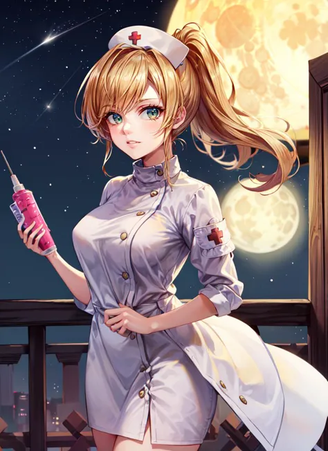 ((best quality)), ((highly detailed)), masterpiece, absurdres, (detailed eyes, deep eyes), <lora:more_details:.5>, (1girl), cowboy shot, <lora:nurse-terraria-v1:1>, terrarianurse, blonde hair, ponytail, green eyes, medium breasts, nurse, nurse cap, <lora:conceptLargeSyringe_v10:1>, large syringe, (((holding syringe))), (at an appartment, evening, night sky, stars, full moon, shooting star)