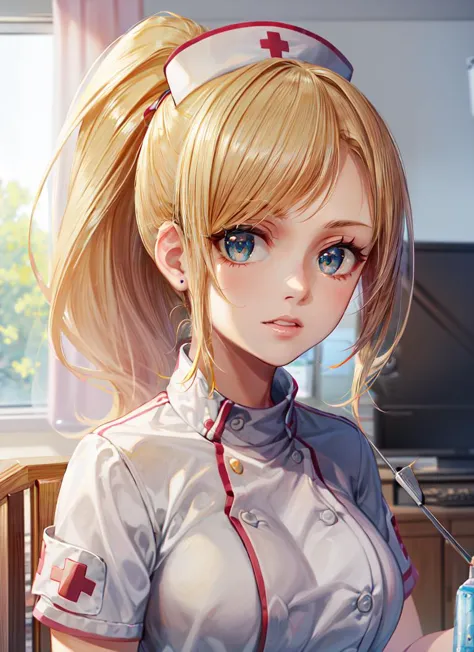 ((best quality)), ((highly detailed)), masterpiece, absurdres, detailed face, beautiful face, (detailed eyes, deep eyes), (1girl), upper body, <lora:hairdetailer:.7>, <lora:nurse-terraria-v1:1>, terrarianurse, blonde hair, ponytail, green eyes, medium breasts, nurse, nurse cap, <lora:conceptLargeSyringe_v10:1>, large syringe, ((holding syringe)), (indoors, at a gym)