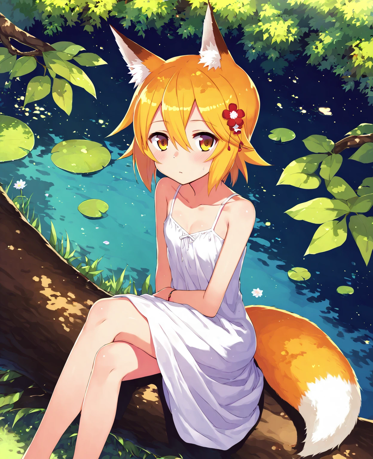 score_8_up, score_7_up, score_6_up, best quality, masterpiece, uncensored, source_anime, (by tony taka:0.7)
BREAK
sen, blonde hair, animal ears, fox ears, blush, animal ear fluff, hair ornament, fox girl, hair flower, hair between eyes, short hair, fox tail, tail, flat chest, yellow eyes, young girl
BREAK
sundress, white dress, long dress, sitting on a tree, crossed legs, expressionless, from above, forest, tree, lake
