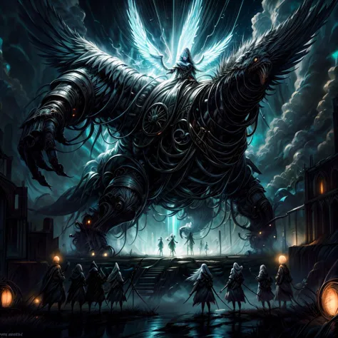 a painting of a giant creature with a large head and wings