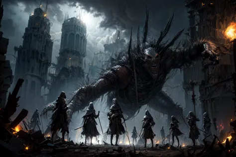 a group of people standing in front of a giant monster