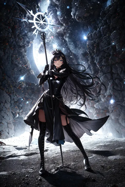 a woman in a black dress holding a sword in front of a full moon