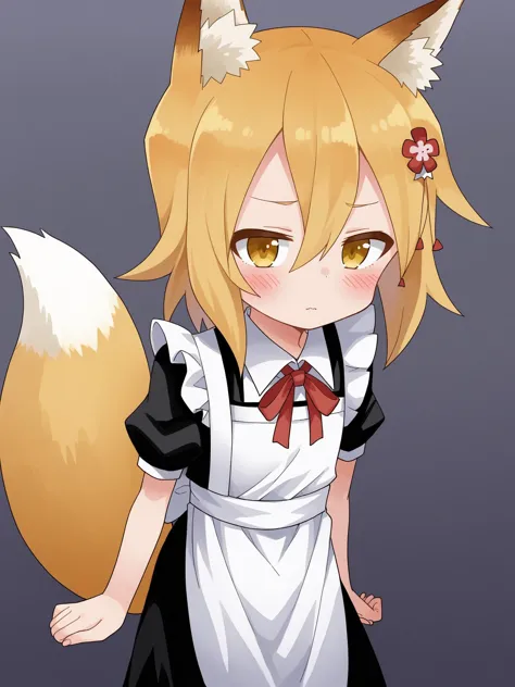 score_9, score_8_up, score_7_up, BREAK, source_anime  <lora:yamamoto-mix-lyco-pony-v1:0.8>
1girl, solo, <lora:senko_ponyxl_v2:1>, sen, blonde hair, animal ears, fox ears, blush, animal ear fluff, hair ornament, fox girl, hair flower, hair between eyes, short hair, fox tail, tail, flat chest, yellow eyes, young girl
, maid outfit