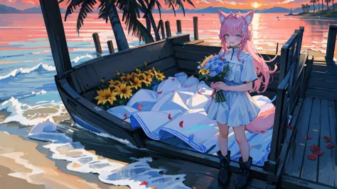 anime girl sitting in a boat on the beach with flowers