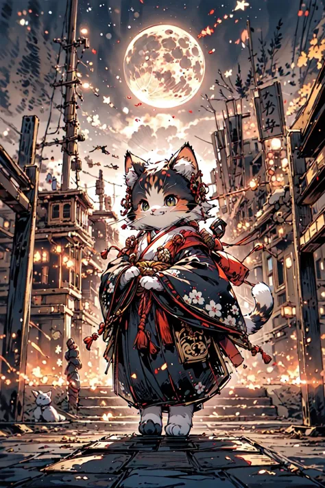 a cat in a kimono outfit walking down a street