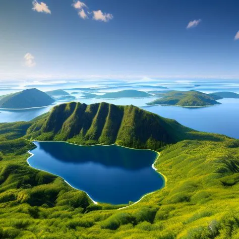 a view of a lake surrounded by green hills and water