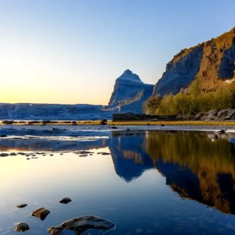 mountains reflected in a lake at sunset with rocks and water