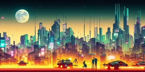 absurdité, image large, chef-d&#39;œuvre, Meilleure qualité, Paysage urbain, demi-teinte, Éclairage cinématographique, style cyberpunk, style Blade Runner 2049, Tonalité de couleur Morandi. Un grand bâtiment est au milieu de l&#39;image, avec une énorme lune dans le ciel et quelques vaisseaux spatiaux faisant la navette dans le ciel.