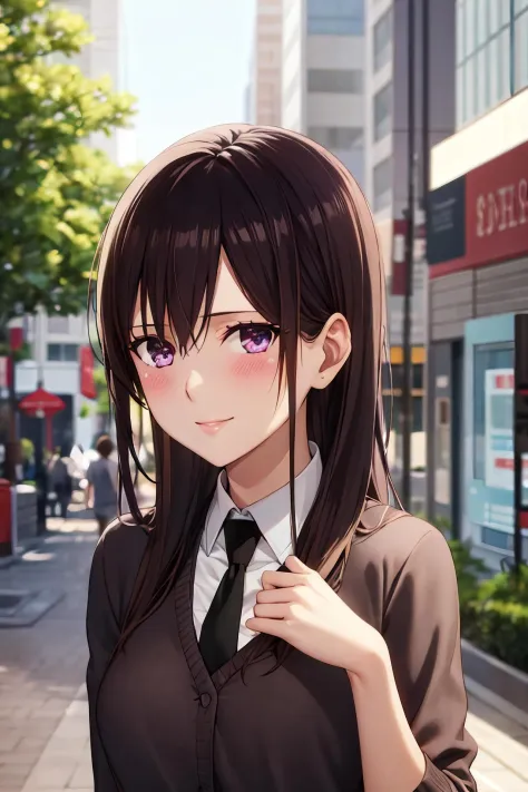 masterpiece, (best quality), 1woman,1girl ,aihara_mei,    long hair, black hair,   purple eyes , , necktie, shirt,    medium breasts,,sexy woman,  smile, blush, vibrant colors ,,natural lighting  ,RTX,  , beautiful, (detailed face:1.2), showcase, (perfect eyes:1.1) ,(photorealistic:1.1), 8k uhd,  looking at viewer,  outdoors,  simple backround