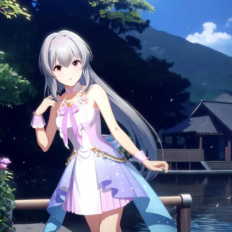 anime girl in a short dress standing by a lake