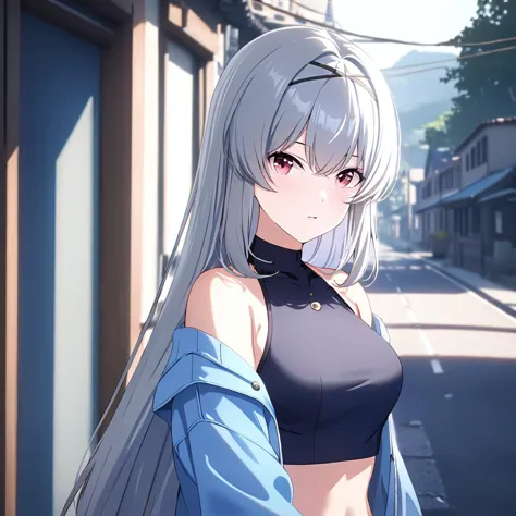 anime girl with long gray hair and black top standing on street