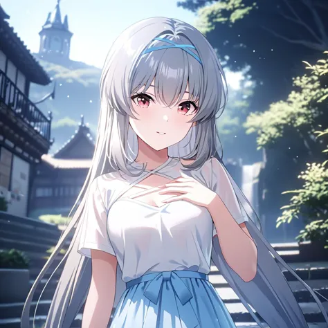 anime girl with long white hair and blue dress standing in front of a building