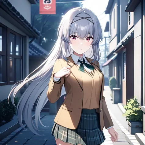 anime girl in school uniform walking down a street with a bag