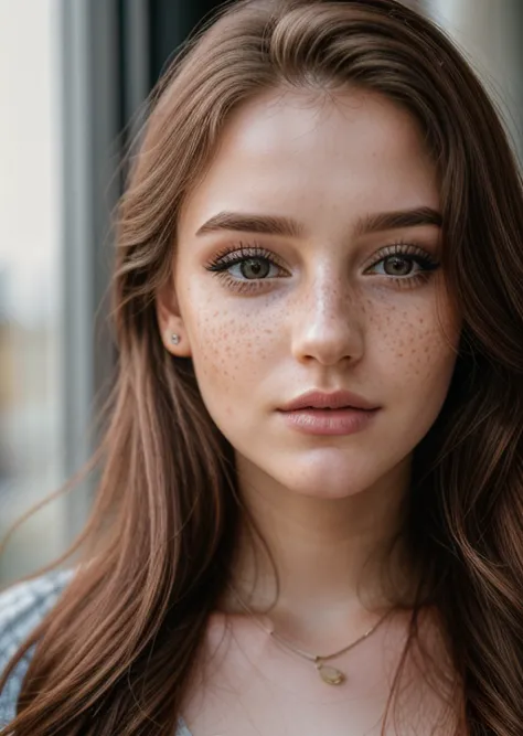 a close up of a woman with freckles on her face