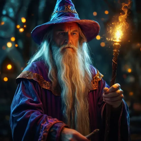a wizard with a glowing staff and a glowing hat, colorful magic, dramatic atmosphere, sharp focus, highly detailed, cinematic, o...