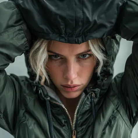 photography, cinematic, an image of a woman looking down at the camera and a jacket over her head, highly detailed <lora:style_l...