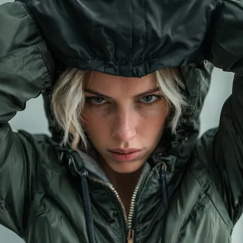 photography, cinematic, an image of a woman looking down at the camera and a jacket over her head, highly detailed <lora:style_lora_dadaptadam_realis-step00002600:0.8>