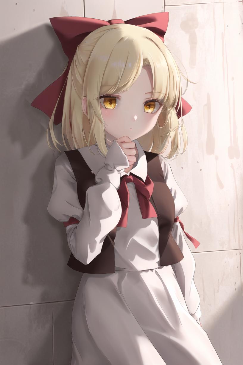 Anime girl with blonde hair and red ears leaning against a wall - SeaArt AI