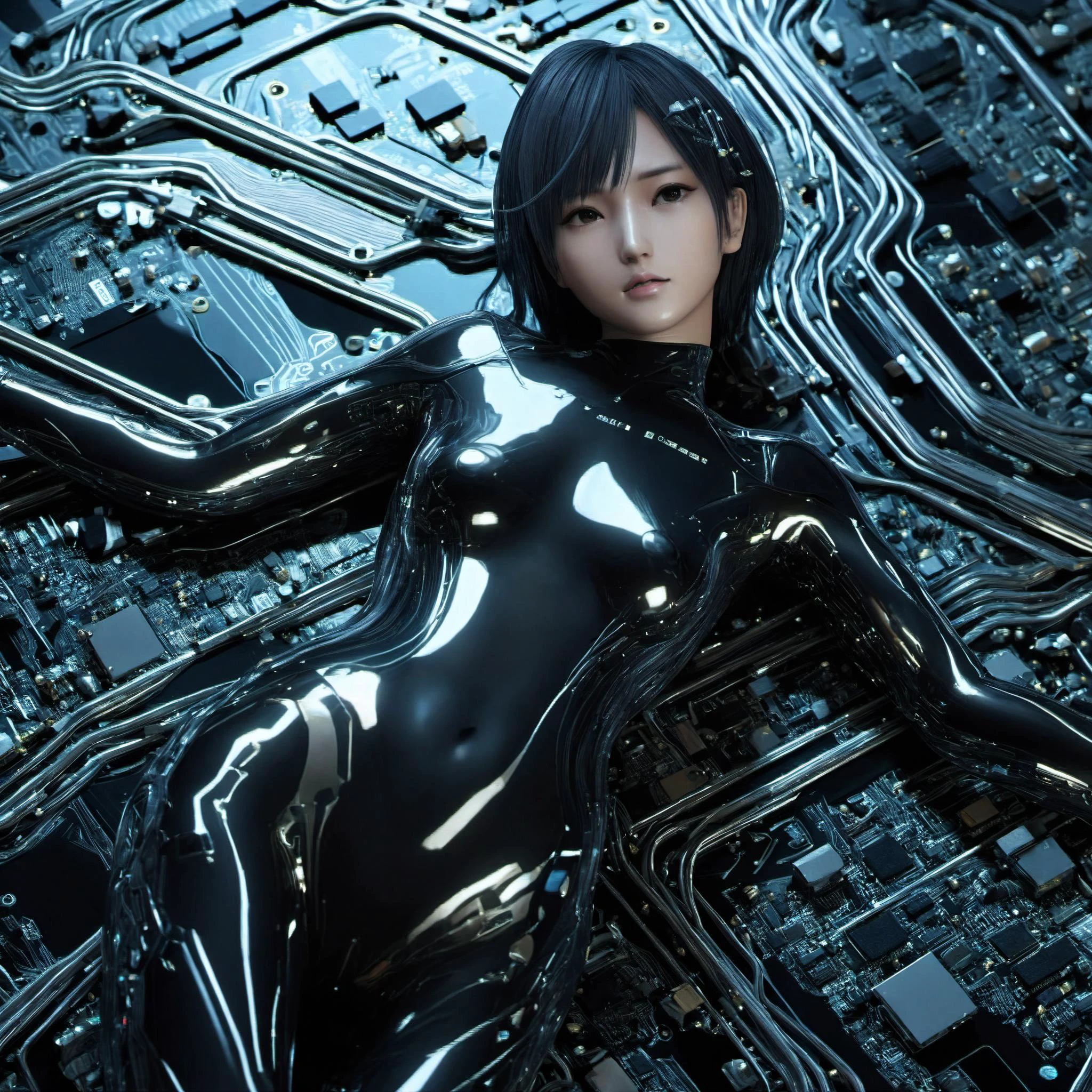 masterpiece, best quality, 1girl named nagisa, in a more dynamic, graceful pose, Dark_Futuristic_Circuit_Boards background, half-body, from above, lying on the board,  bodysuit made of chrome, movie still, ciematic, 
